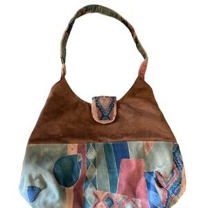 Handmade Repurposed Uph Fabric Handbag Tote Brown Faux Suede Green Geometric